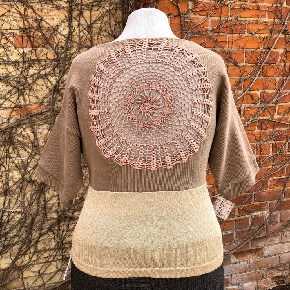 Gold Lace Window Top Upcycled Knit Shirt Embody Large